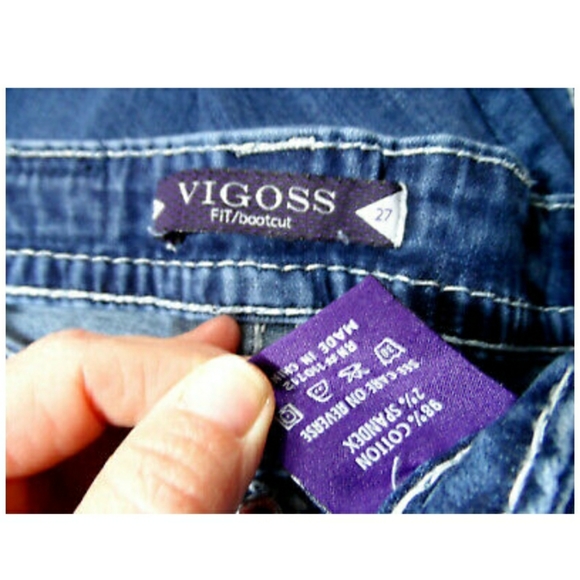 VIGOSS JEANS 27 3/4 Bootcut Dark wash Bling Rhinestone Stud flap pockets - Picture 9 of 9